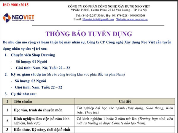 Thông báo tuyển dụng tháng 3/2023